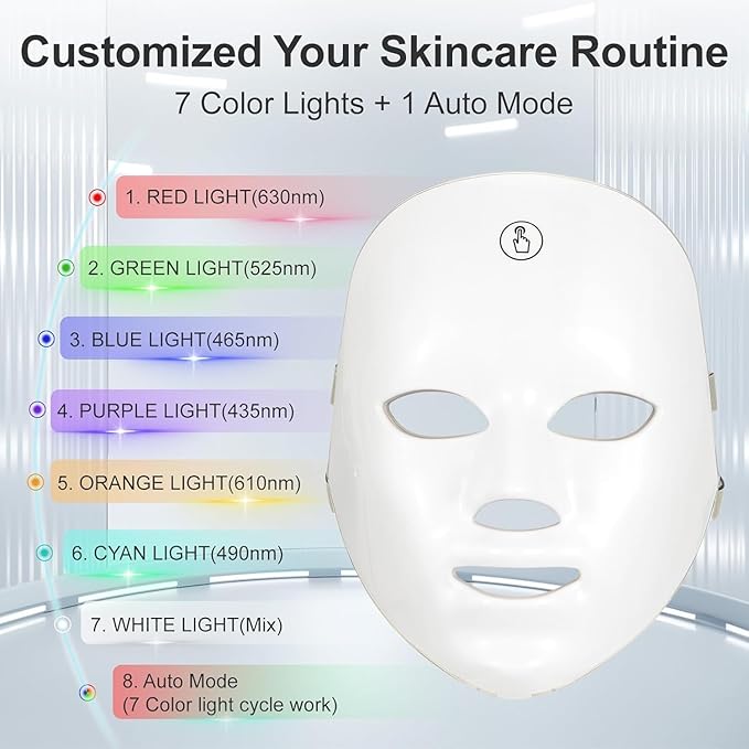 Red Blue Light Mask For Face, 7-1 Colors Red Light Face Mask, Facial Mask Skincare At Home, Cordless, Portable and Rechargeable, White