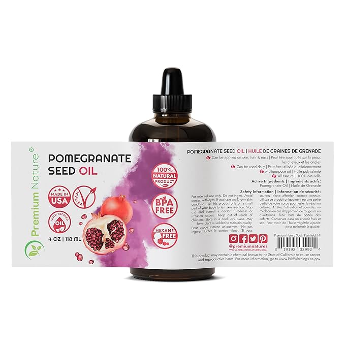Premium Nature Pomegranate Seed Face Oil. 100% Pure Unrefined Cold Pressed for Essential Oils. Gua Sha Oil. Oil for Hair Skin and Nails 4 oz