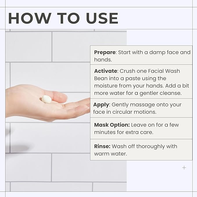 3-in-1 Solid Facial Cleanser, Exfoliator, and Wash-off Mask - Vegan, Cruelty-Free, Plastic-Free, Travel-Friendly, 1 Month Supply (60 Crushable Tablets) in Tin (Brightening Beans in Tin)