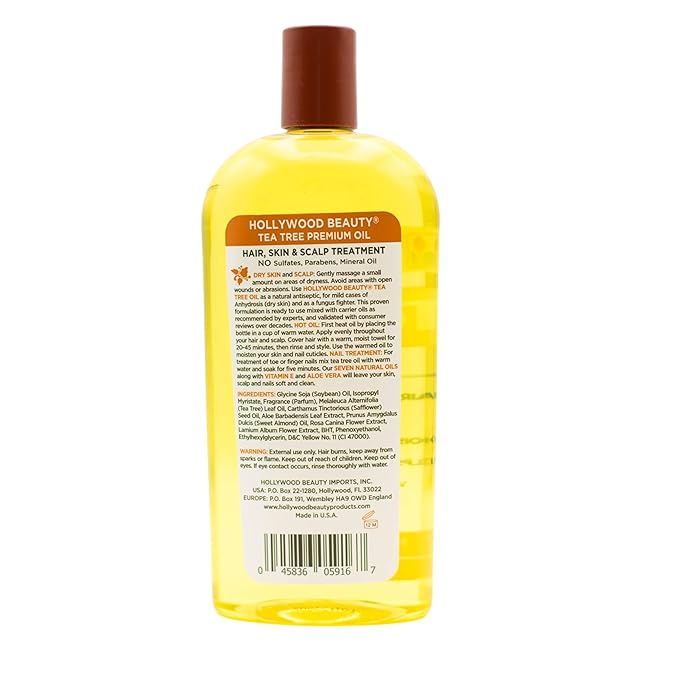 Hollywood Beauty Tea Tree Oil for Hair, Scalp, and Skin, 8 fl oz - Moisturizes Dry, Itchy Scalp, Blended with Vitamin E & Aloe