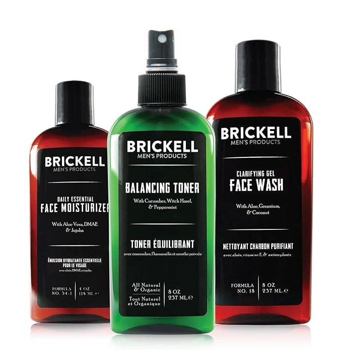 Brickell Men's Daily Face Cleanse Routine for Oily Skin, Alcohol Free Toner, Gel Facial Wash and Moisturizer, Natural and Organic, Scented