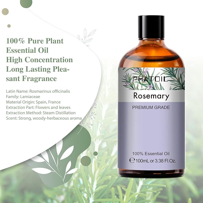 3.38FL.OZ Rosemary Essential Oil, for Aromatherapy Diffusers, Humidifiers, Great for DIY Candle and Soap Making, Huge 100ML Bottle