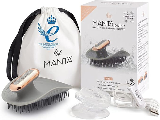 MANTA Pulse Electric Scalp Massage Brush – Wet Exfoliating Scalp Massager, Shampoo Brush for Hair Growth with Shower Holder, Grey