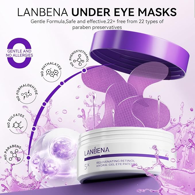 LANBENA Retinol Under Eye Patches for Dark Circles and Puffy Eyes, Cooling Eye Masks for Eye Bags, Fine Lines & Wrinkles Reduce, Anti-Aging, Hydra-Gel Collagen-30 Pairs