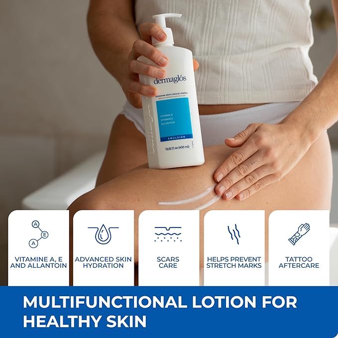 Dermaglos Moisturizing Body Lotion for Dry Skin with Extra Vitamin A, Vitamin E & Allantoin | Hydrating Emulsion & Regenerating formula for Stretch Marks, Tattoos, Scars & Wrinkles | 13.52 Fl Oz