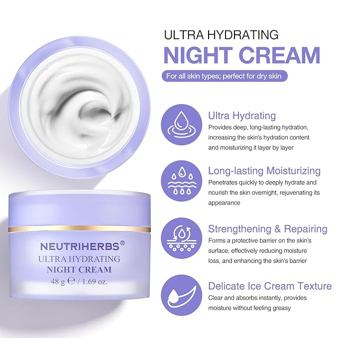 Neutriherbs Ultra Hydrating Night Cream, Face Moisturizer with Jojoba Oil, Ceramide, Squalane, Overnight Face Cream for Dry,Dehydrated Skin,Deep Nourish Hydrated Skin - 1.69oz