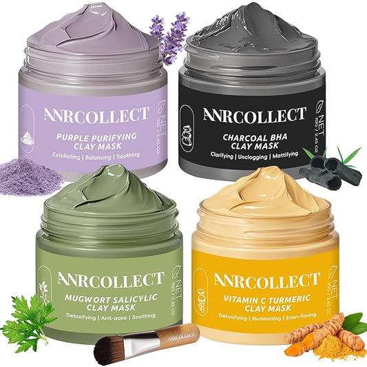 Face Mask Set, 4Pcs Clay Mask, Face Masks Skin Care with Vitamin C, Charcoal, Mugwort and Purple Clay, Skincare Gift Set for Blackheads, Refining Pores & Controling Oil, Dry Oily Skin
