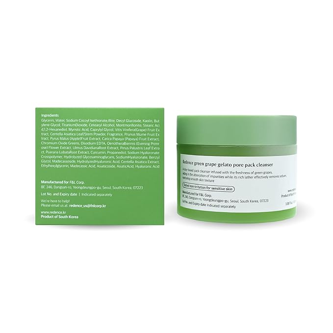 [Redence] Green Grape 3-in-1 Gelato Pore Mask Cleanser, Pore Exfoliating Scrub Mud Mask, No Tightness, Korean Skin Care, 100ml / 3.38 fl oz