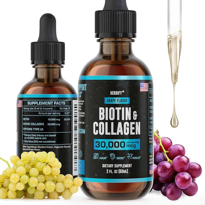 HERBIFY Collagen and Biotin Liquid Drops - Faster Absorption Joint Health Supplement for Hair Growth and Stronger Nails - Hair Skin and Nails Vitamins for Women and Men - B7 Supplement - Made in USA