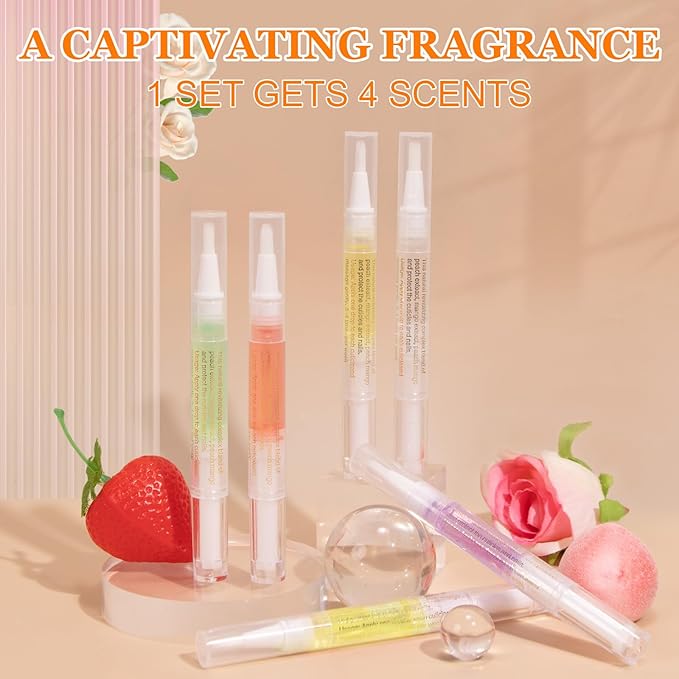 Meschett Cuticle Oil Pens with Nail File for Nail Care, 4PCS Nail Pen Oil with Natural Ingredients, Fingernails and Toenails Oil Cuticle for Repairing Cracked(Mix Flavors)