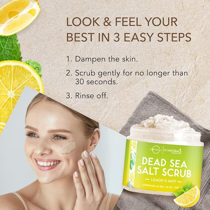O Naturals Exfoliating Lemon Oil Dead Sea Salt Deep-Cleansing Face & Body Scrub. Anti-Cellulite Tones Helps Oily Skin, Acne, Ingrown Hairs & Dead Skin Remover. Essential Oils, Sweet Almond 18oz