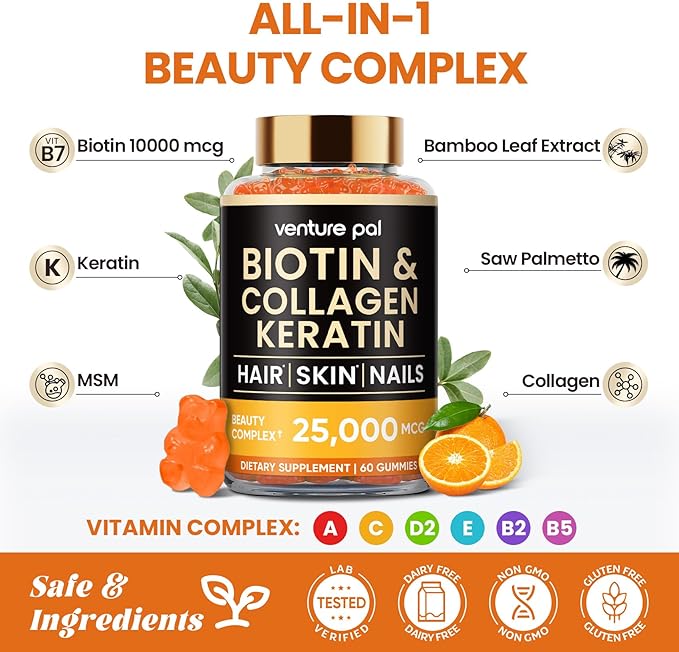 Venture Pal Biotin Gummies with Collagen & Keratin - Hair Growth Support Skin and Nail Strength Vitamins for Women & Men - Biotin 10000mcg | B-Complex | Saw Palmetto - Sugar Free, Non-GMO, 60ct