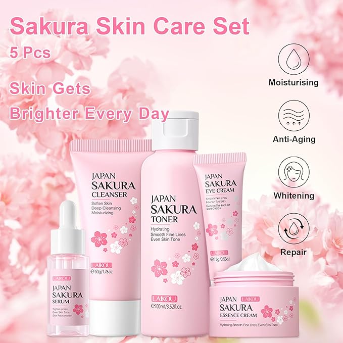 5Pcs Skin Care Set Sakura Women Beauty Gift Sets Korean Skin Care Kit with Cleanser, Face Serum, Face Cream,Toner,Eye Cream, Mud Mask - Skin Care Routine Kit for Women (Sakura)