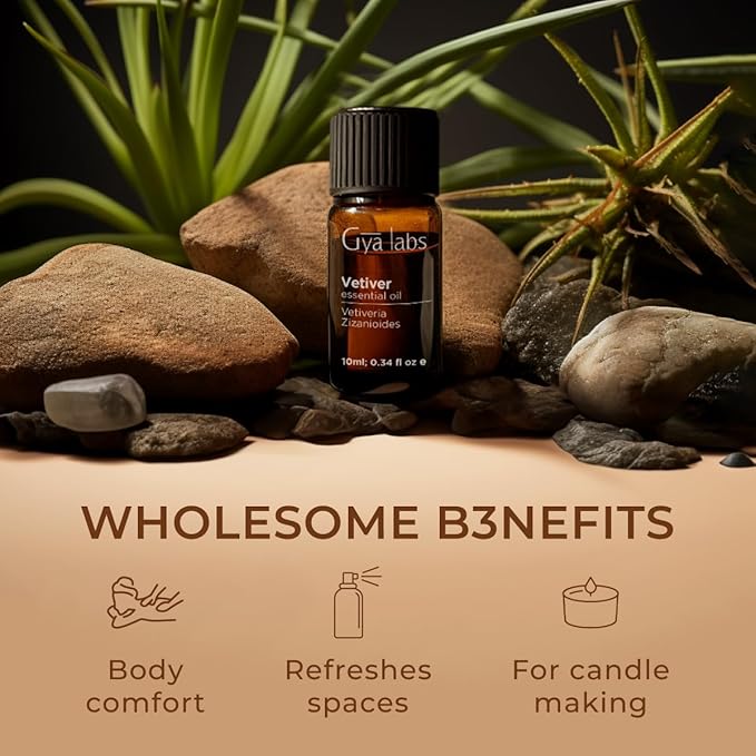 Gya Labs Calming Vetiver Essential Oil for Diffuser - 0.34 Fl Oz - 100% Pure Natural Premium Vetiver Oil for Body Comfort Aromatherapy, Candles Making Scent