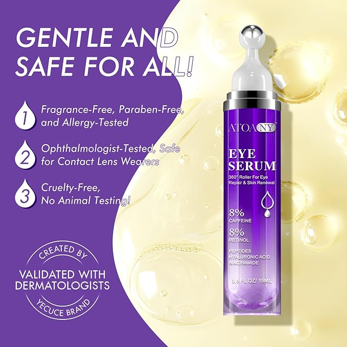 Eye Serum for Dark Circles and Puffiness with 8% Caffeine 8% Retinol Hyaluronic Acid Niacinamide, Under Eye Cream Anti Aging for Puffiness and Bags with 360° Eye Roller Ball for Women