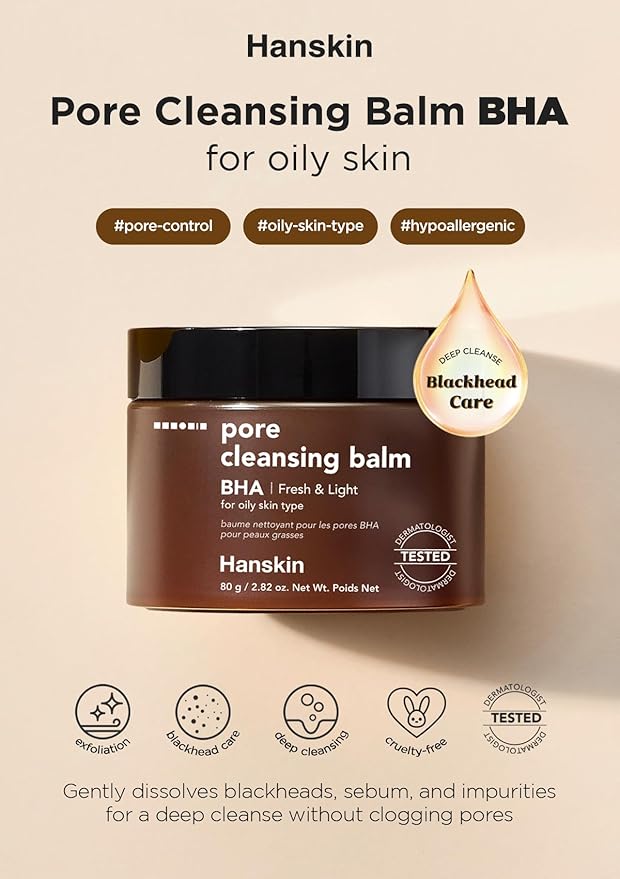 Hanskin BHA Pore Cleansing Balm, Gentle Blackhead Cleanser and Makeup Remover for Combination and Oily Skin [BHA/2.82 oz]