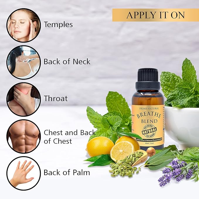 Prime Natural Breathe Essential Oil Blend 1oz - Pure, Undiluted, Therapeutic Grade for Aromatherapy, Scents & Diffuser - Sinus Relief, Allergy, Congestion, Cold, Cough, Headache