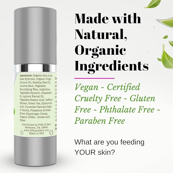 Fifth & Skin Caffeine Eye Cream – Made in USA! Eye Whip - 1 OZ - Natural - Organic – Vegan & Cruelty Free – for Puffy Eyes, Dark Circles, Fine Lines - w/Hyaluronic Acid