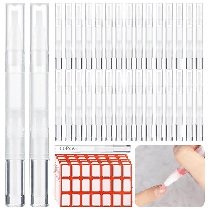 Homaisson 100 Pack 3ml Transparent Twist Pen with Stickers, Empty Cuticle Oil Pen Refillable Nail Oil Pens with Brush Tip, Empty Cosmetic Lip Gloss Tubes, Clear Eyelash Growth Liquid Containers