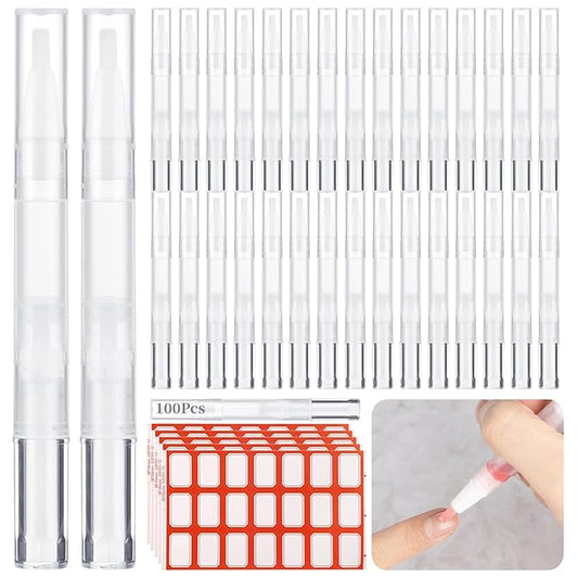 Homaisson 100 Pack 3ml Transparent Twist Pen with Stickers, Empty Cuticle Oil Pen Refillable Nail Oil Pens with Brush Tip, Empty Cosmetic Lip Gloss Tubes, Clear Eyelash Growth Liquid Containers