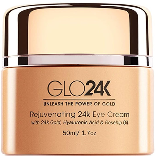 GLO24K Eye Cream with 24k Gold, Hyaluronic Acid, Rosehip Oil, and Vitamins. Minimizes wrinkles and fine-lines around the eyes