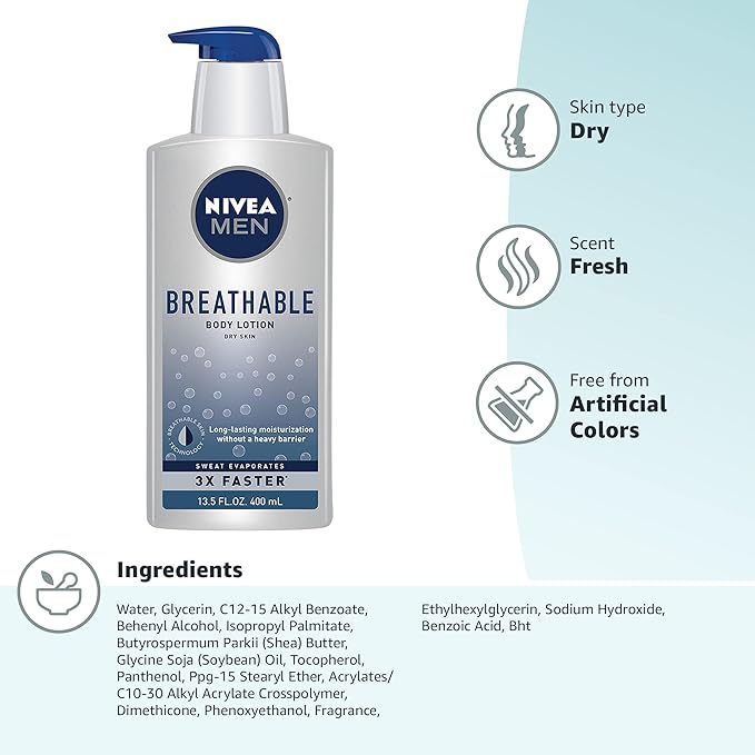 NIVEA MEN Breathable Body Lotion, 48 Hour Hydrating Lotion for Men, 13.5 Fl Oz Bottle