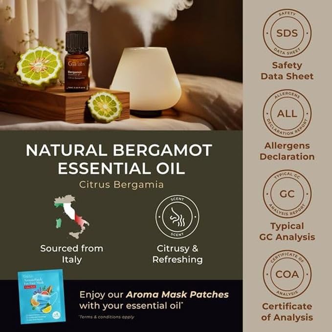 Gya Labs Bergamot Essential Oil for Diffuser - 0.34 Fl Oz - 100% Pure Natural Bergamot Oil for Skin, Hair, Shampoo Aromatherapy & Candle Making - Zesty & Refreshing Scent