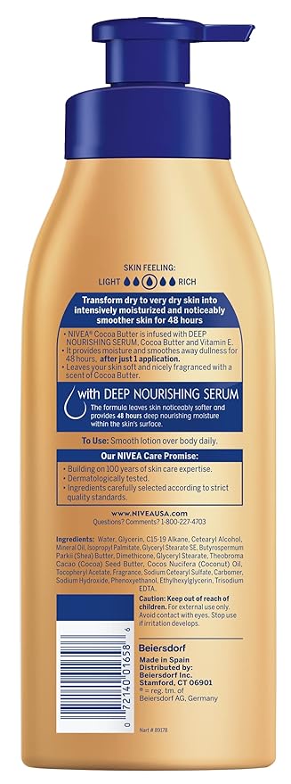 NIVEA Cocoa Butter Body Lotion with Deep Nourishing Serum, Cocoa Butter and Vitamin E, 48-Hour Moisturizing Body Lotion for Dry Skin, Nourishes Dry Skin for Visible Radiance, 16.9 Fl Oz Pump Bottle