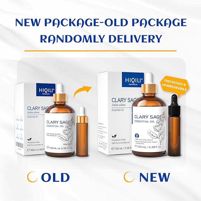 HIQILI Clary Sage Oil Essential, Herbal Sooth Aroma in Diffuse for Anxiety Relief, Meditation, Calming Sleep at Bedtime, Body Massage, Moisturize Skin, DIY Deodorant Spray - 100ML