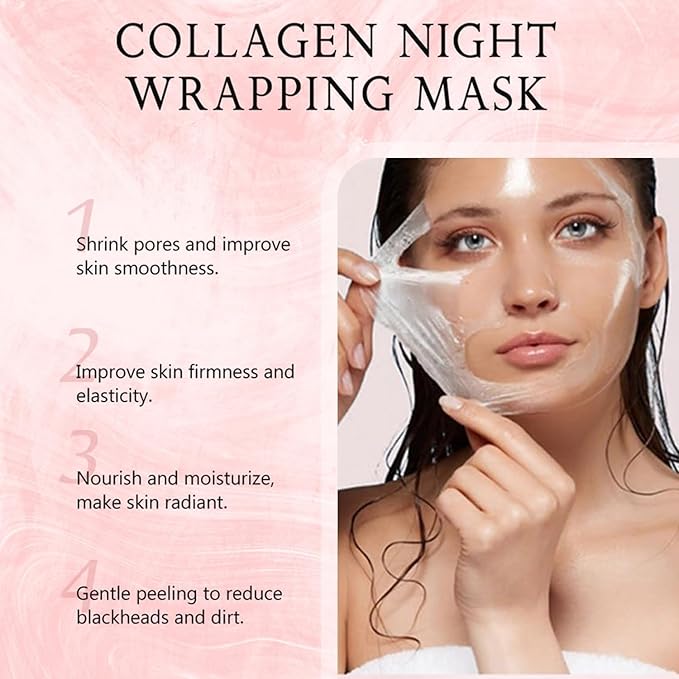 Collagen Overnight Wrapping Peel Off Facial Mask Pack,Collagen Night Wrapping Mask,Hydrates and Tightens Skin,Reduces Sagging,Elasticity & Hydration Care 2.54 fl.oz (with Brush)