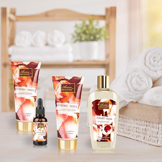 Fresh Rose Scented Spa Gift Set for Him & Her, 10-Piece Collection with Shower Gel, Bubble Bath, Body Lotion, Scrub, Salt, Bombs, Puff, Oil