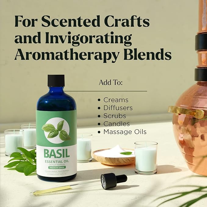 Basil Essential Oil - Pure Essential Oils for Candle Making Scents, Soap, Diffusers, Humidifiers, Car, Yoga, Aromatherapy, Home Care - Fragrance Oils for Soap Making & Candle Scent (150ml)