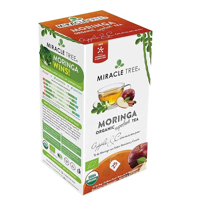 Miracle Tree - 3 Count of Organic Moringa Superfood Tea, 25 Individually Sealed Tea Bags, Apple & Cinnamon (Keto, Detox, Energy/Immunity Booster, Vegan, Gluten-Free, Organic, Non-GMO, Caffeine-Free)