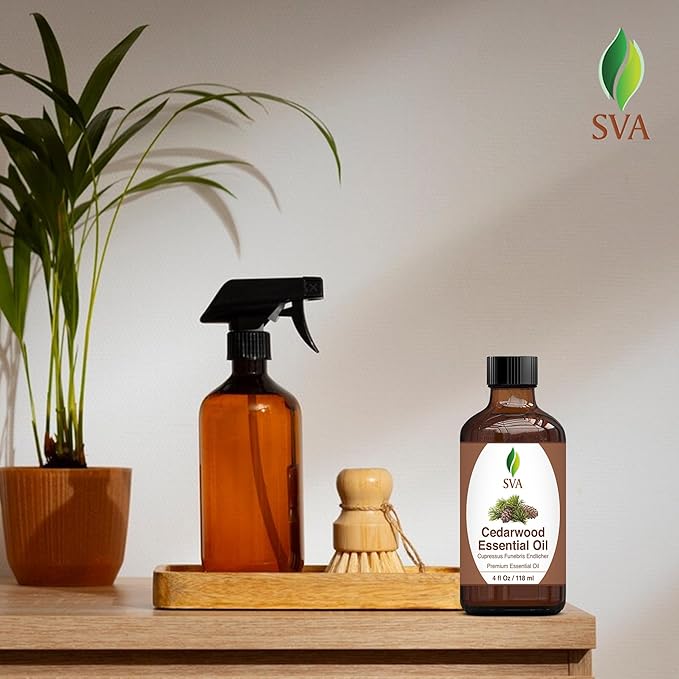 SVA Cedarwood Essential Oil – 4 Fl Oz – 100% Natural Cedar Cupressus Funebris Oil - for Diffuser, Hair Care, Face, Skin Care, Aromatherapy, Scalp and Body Massage, Soap and Candles - with Dropper