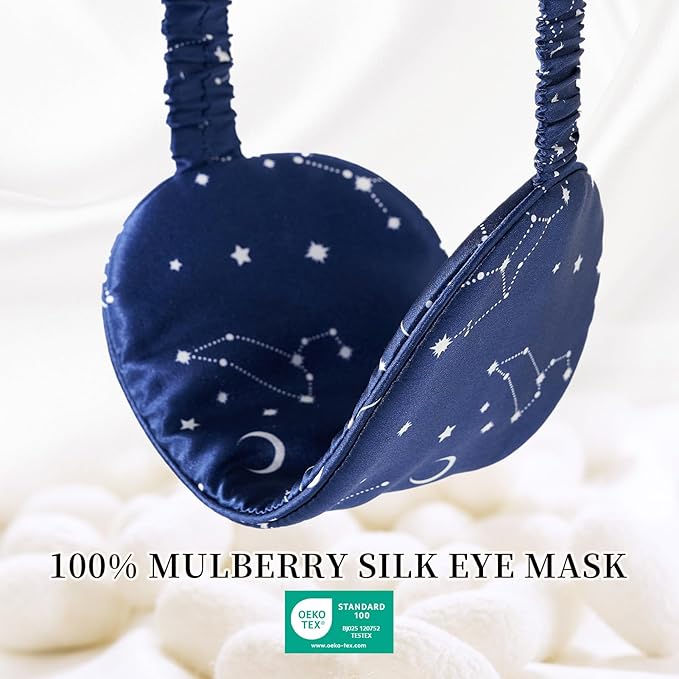 THXSILK Sleep Mask 100% 19 Momme Pure Mulberry Silk Super Smooth Cooling Decorative Sleep Eye Mask Blackout Eye Cover with Wide Head Strap, Constellation-Navy