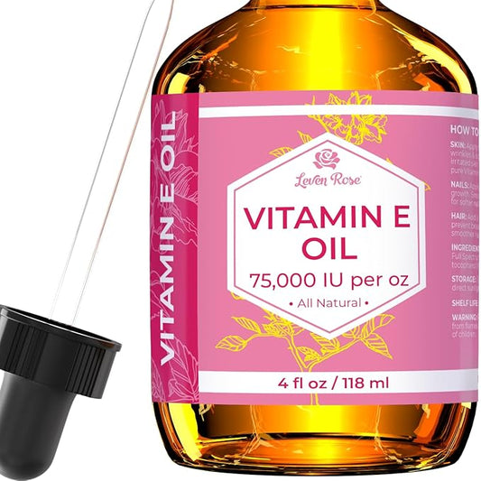 Vitamin E Oil by Leven Rose 75,000 IU per oz 100% Natural, Organic, Pure Vitamin E Oil for Skin, Face, Hair, Nails, and Scars, 4 oz