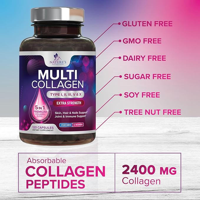 Collagen Peptides for Women & Men - Type I, II, III, V, X Multi Collagen Pills, Hydrolyzed Collagen Peptides Supplements, Nature's Hair, Skin, Nail, and Joint Support Supplement, Non-GMO, 120 Capsules