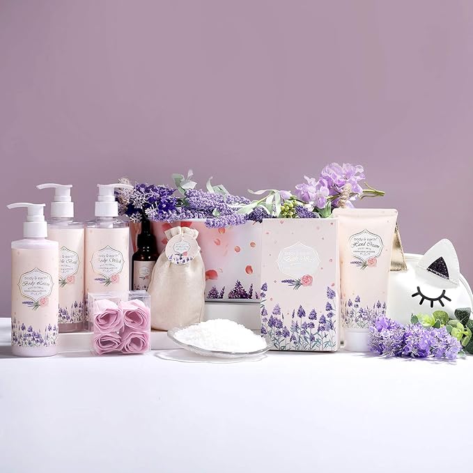 Spa Gift Baskets for Women, Bath Set for Women Gift - Body & Earth 10 Pcs Gifts Set with Rosewater & Lavender, Includes Bubble Bath, Body Lotion, Shower Gel, Home Spa Kit Gift for Her