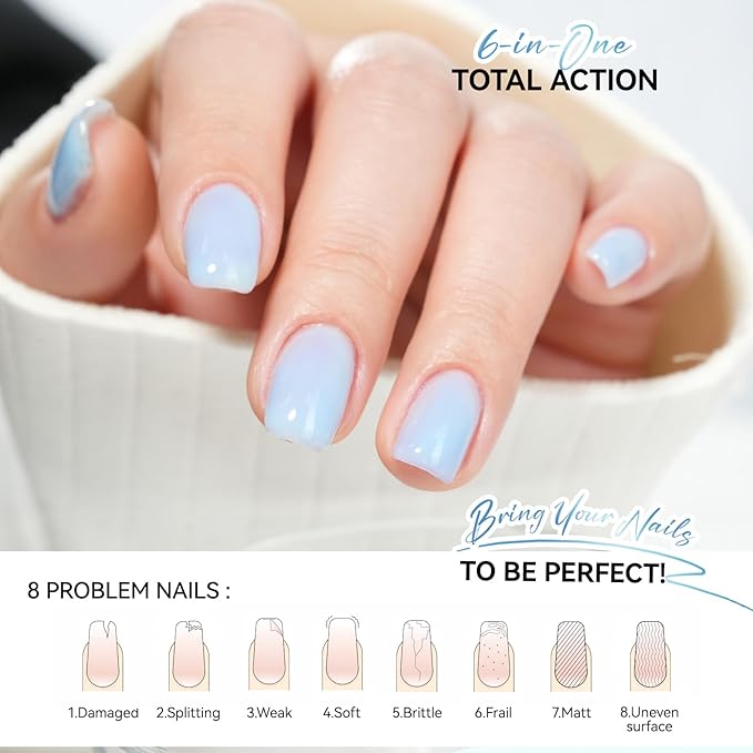 Nail Polish Strengthener and Growth Treatment: Azure Blue 15ml Gelike EC 6 in 1 Natural Nail Strengthener for Damaged Nails - Long Lasting Nail Hardener and Strengthener - For Daily Home Salon