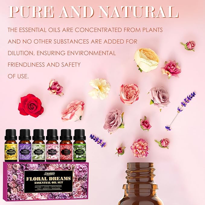 SALUBRITO Floral Fragrance Oils Set, Essential Oils for Diffuser & Candle Making Scents, 6x10ml Aromatherapy Oils Gift Set - Jasmine, Lavender, Rose, Gardenia, Cherry Blossom, Honeysuckle Oil