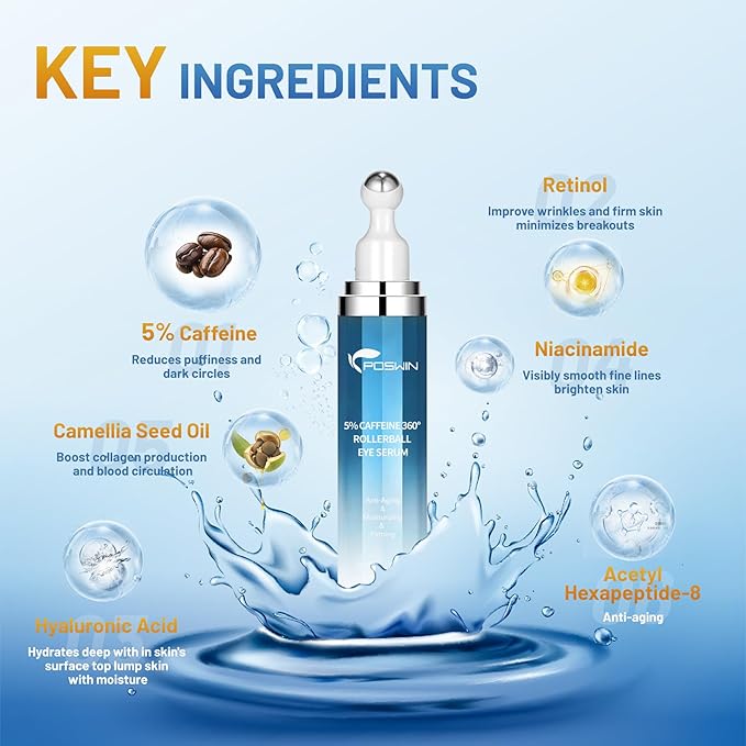 Caffeine Eye Serum for Dark Circles - Under Eye Cream,Moisturizing Serum for Dark Circles, Puffiness & Fine Lines, Eye Cream with 360° Eye Roller Massage Ball, 0.5 fl oz