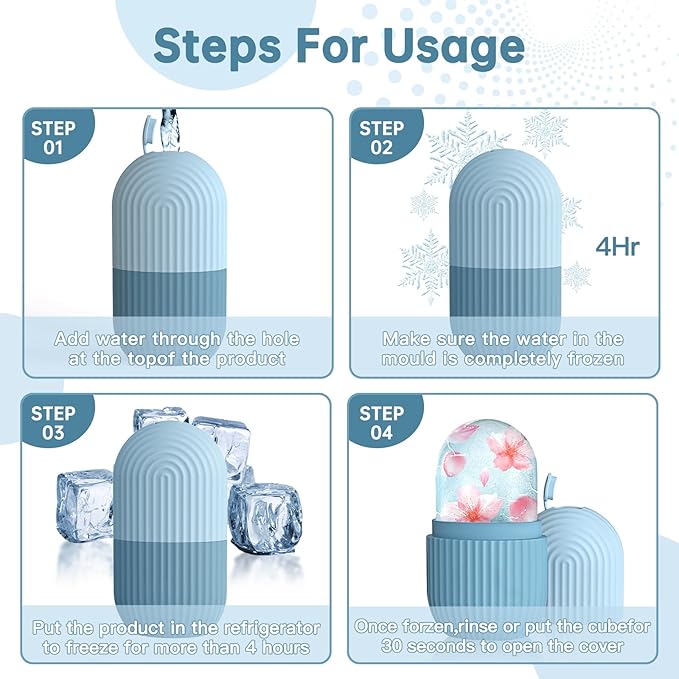 Ice Roller for Face and Eye，Ice Cube Roller Massager for Skin Women Care Tools, Naturally Conditioning De-Puff Eye Bags, Reduce Migraine Pain， Reusable Massage Silicone Ice Mold （Blue）