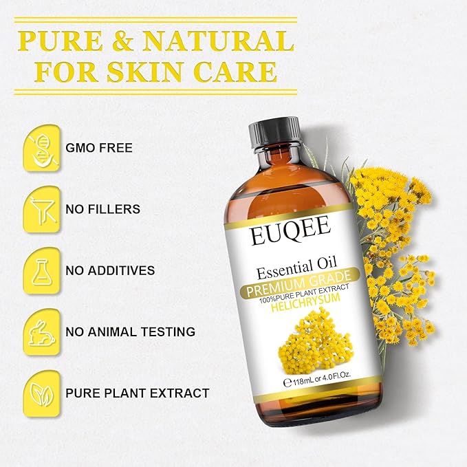 Helichrysum Essential Oil 4 oz/118 ml Large Bottle Premium Helichrysum Oil with Glass Dropper - Great for Diffusers, Humidifier, Candle & Soap Making