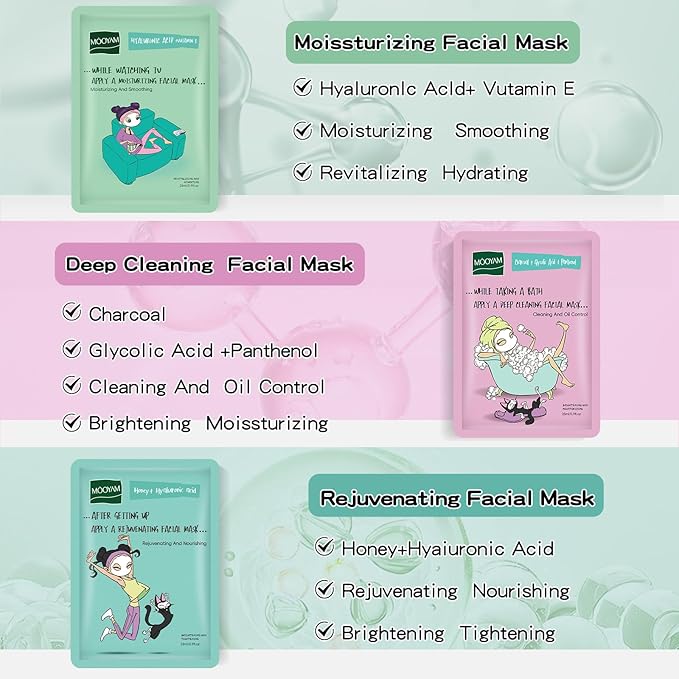 Face Masks Skincare Set for Girl,Moisturizing Collagen Facial Masks for Women Home Spa,Hyaluronic Acid Face Mask for All Skin Types,Day Night Facial Mask Hydrating,Deep Cleaning,Oil Contral(6Pack)