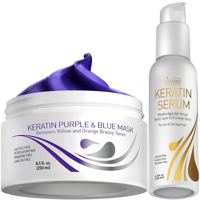 Vitamins Keratin Purple Blue Hair Mask and Serum Kit - Conditioning Anti-Brassiness Toner for Bleached Blonde Platinum Silver White Gray Dry Damaged Hair, Heat Protectant and Anti-Frizz Gloss