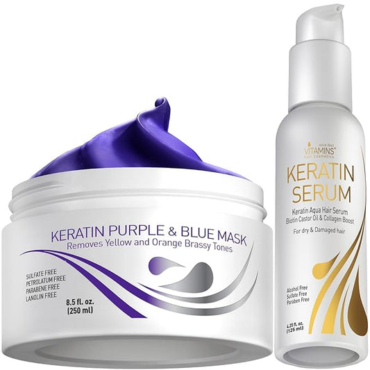 Vitamins Keratin Purple Blue Hair Mask and Serum Kit - Conditioning Anti-Brassiness Toner for Bleached Blonde Platinum Silver White Gray Dry Damaged Hair, Heat Protectant and Anti-Frizz Gloss