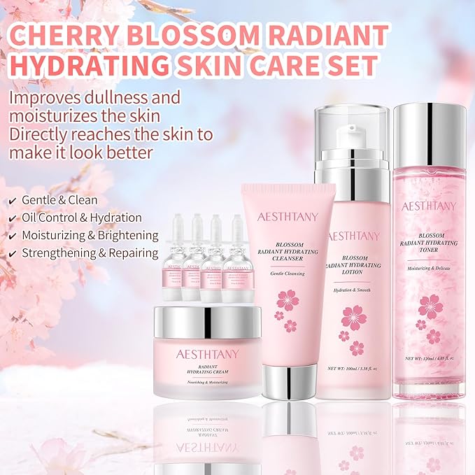 Skin Care Set For Women Moisturizing Rejuvationg Cherry Blossom Skin Care For Women Daily Skin Care Routine(8 Piece Set)
