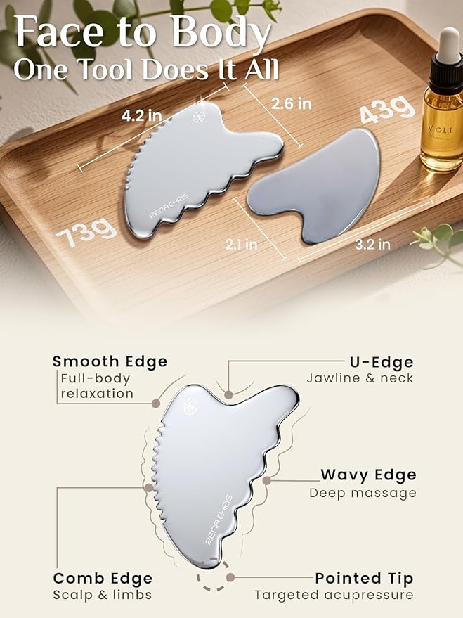 Rena Chris Body Gua Sha Tools, Stainless Steel GuaSha Tool, Manual Massage Sticks for Jawline Sculpting and Puffiness Reducing, Whole Body Skin Care Massager (Silver)
