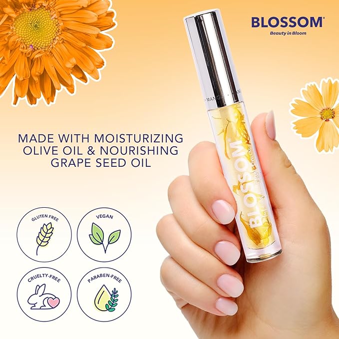 Blossom Lip Gloss & Lip Oil with Olive Oil + Grape Seed Oil, Moisturizing and Hydrating Shimmer Sparkle, Infused with Real Flowers, 3g, Mango
