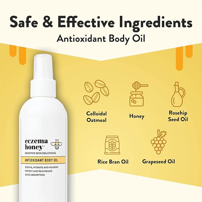 ECZEMA HONEY Antioxidant Body Oil - After Shower All Over Body Oil Spray for Skin - Eczema-Prone & Sensitive Moisturizing Skin Oil - Unscented Body Oils for Women, Men & Kids (8 Fl Oz)